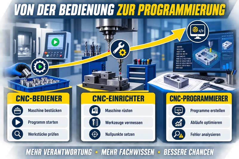 Infografik zum Karriereweg vom CNC-Bediener über den CNC-Einrichter bis zum CNC-Programmierer mit den jeweiligen Aufgaben.